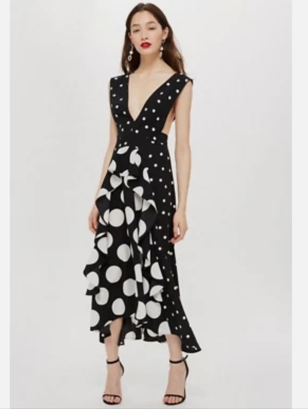 Topshop Polka Dot Pinafore Style Midi Dress Black White 4